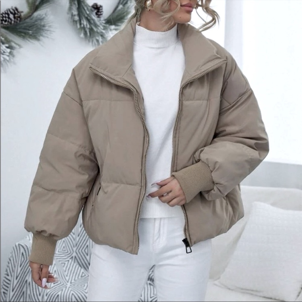 Shein light beige drop shoulder puffer coat